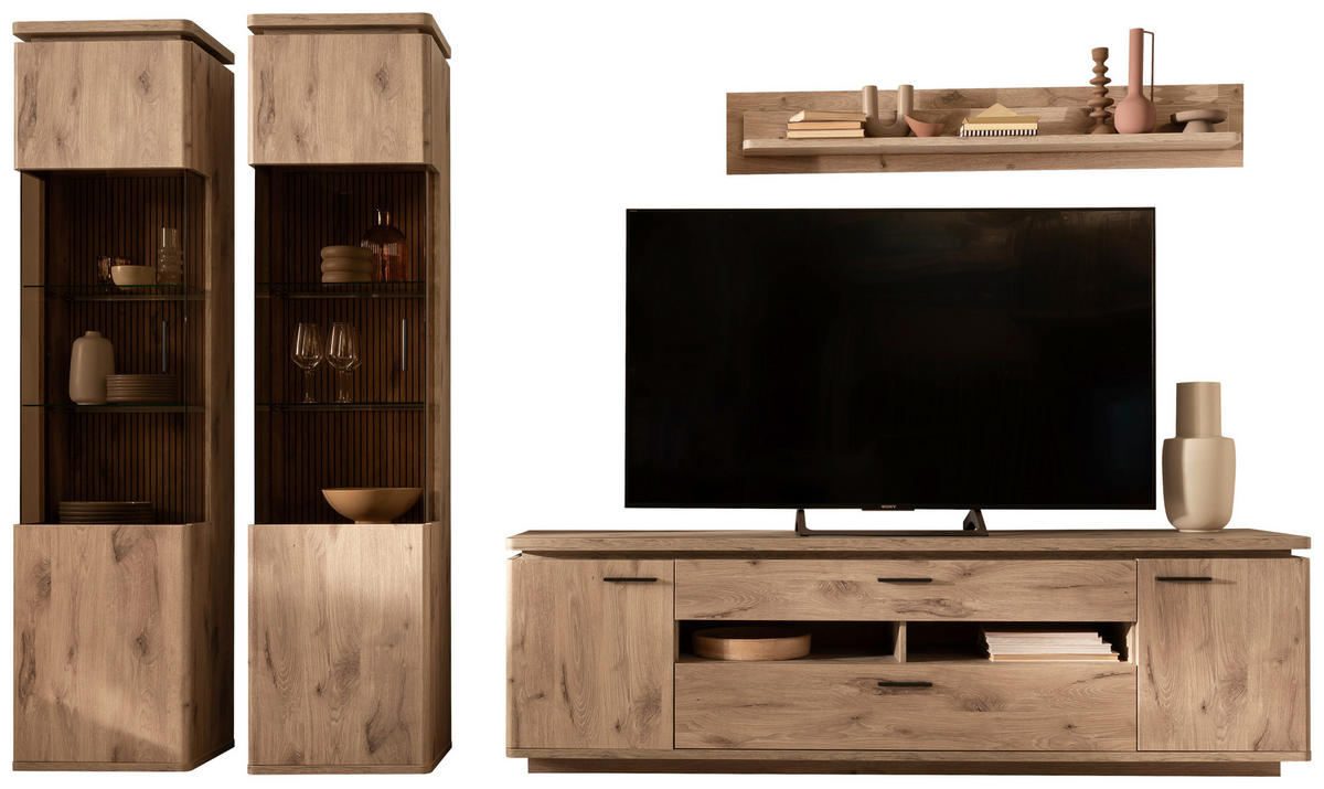 WOHNWAND 4-teilig  in Eichefarben  330/208/50 cm  - Eichefarben/Anthrazit, KONVENTIONELL, Glas/Holzwerkstoff (330/208/50cm) - Cantus