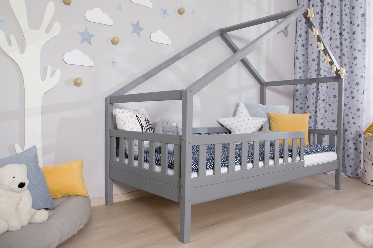 HAUSBETT 120/200 cm,  in Hellgrau, Absturzsicherung, Rollrost  - Hellgrau/Naturfarben, MODERN, Holz (120/200cm) - MID.YOU