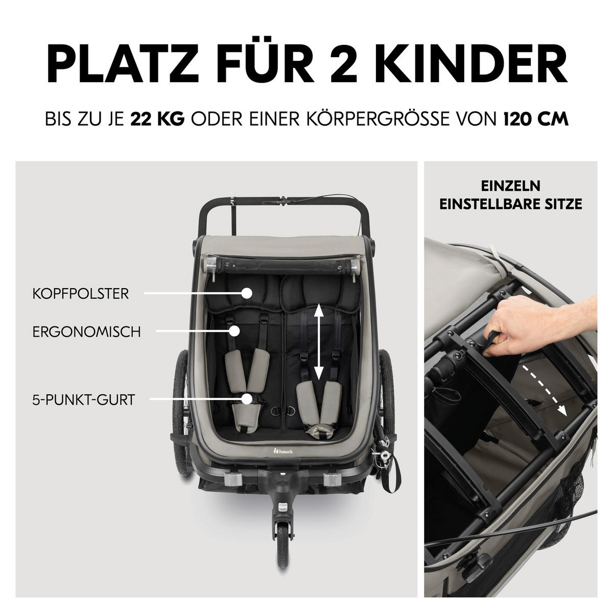 FAHRRADANHÄNGER   Bike N Walk Duo  - Hellgrau, Basics, Kunststoff/Textil (81/107/134cm) - Hauck
