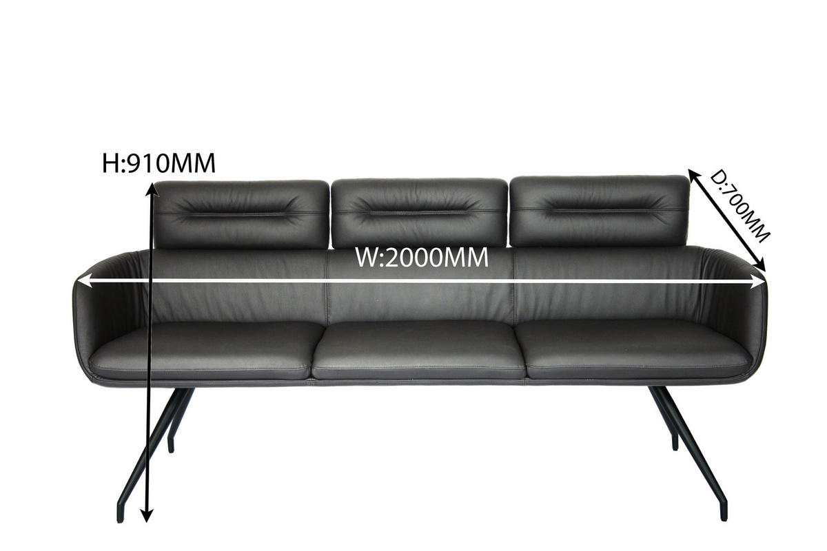 SITZBANK 200/91/70 cm Echtleder Schwarz  - Schwarz, Design, Leder/Metall (200/91/70cm) - Dieter Knoll