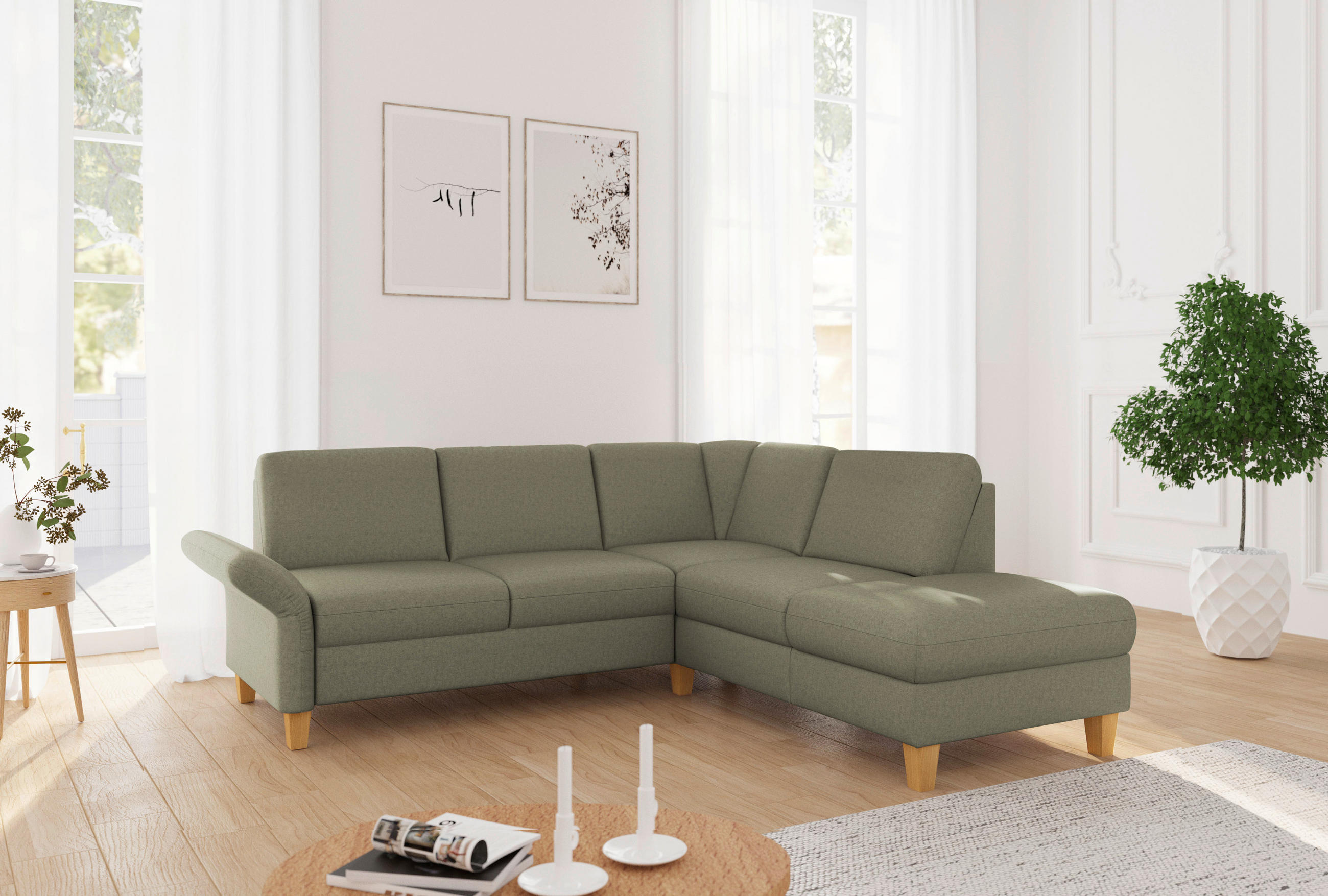 ECKSOFA ROCHELLE E Olivgrün Flachgewebe  - Eichefarben/Olivgrün, KONVENTIONELL, Holz/Textil (240/216cm) - Sit & More