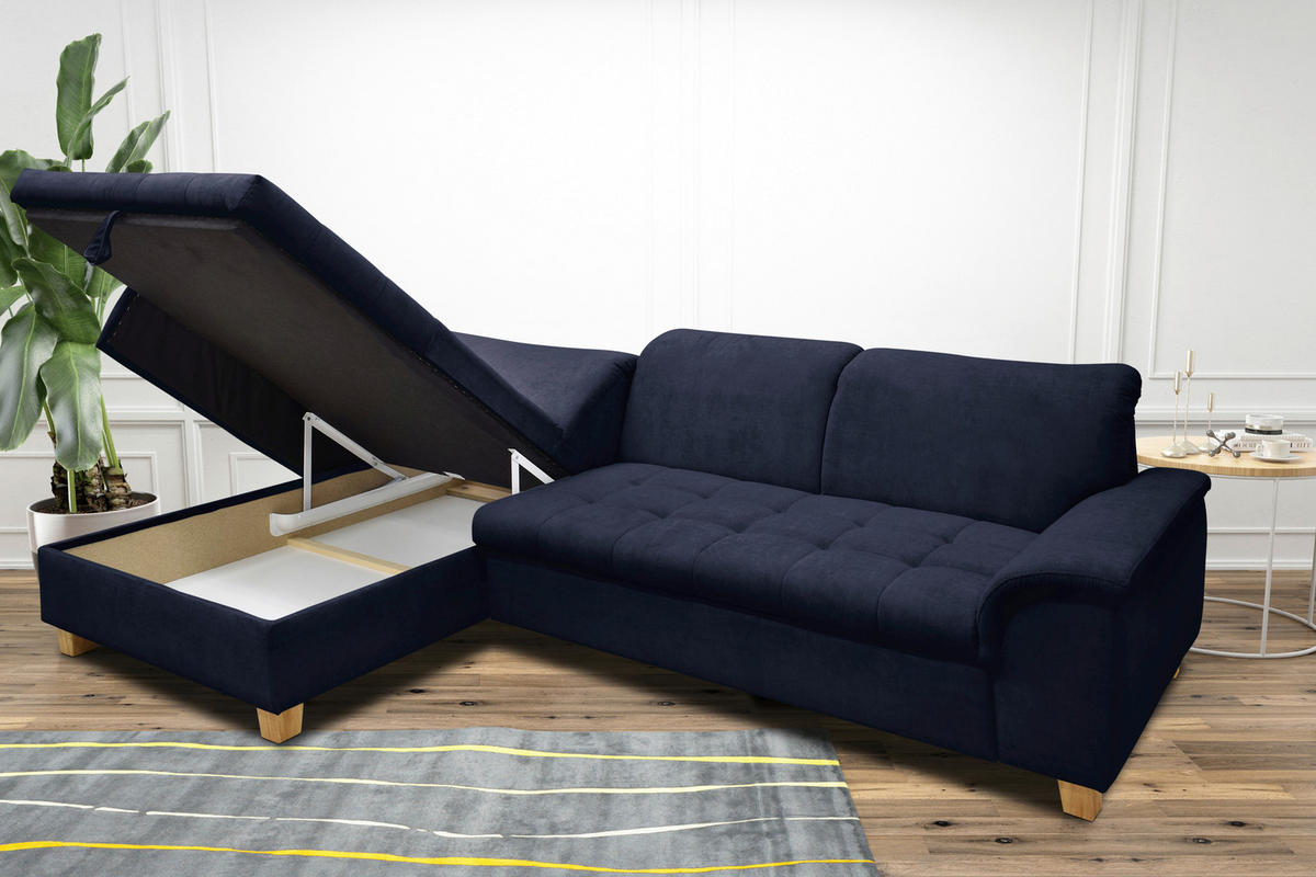 ECKSOFA in Mikrofaser Dunkelblau  170/279 cm  - Eichefarben/Dunkelblau, KONVENTIONELL, Holz/Textil (170/279cm) - MID.YOU