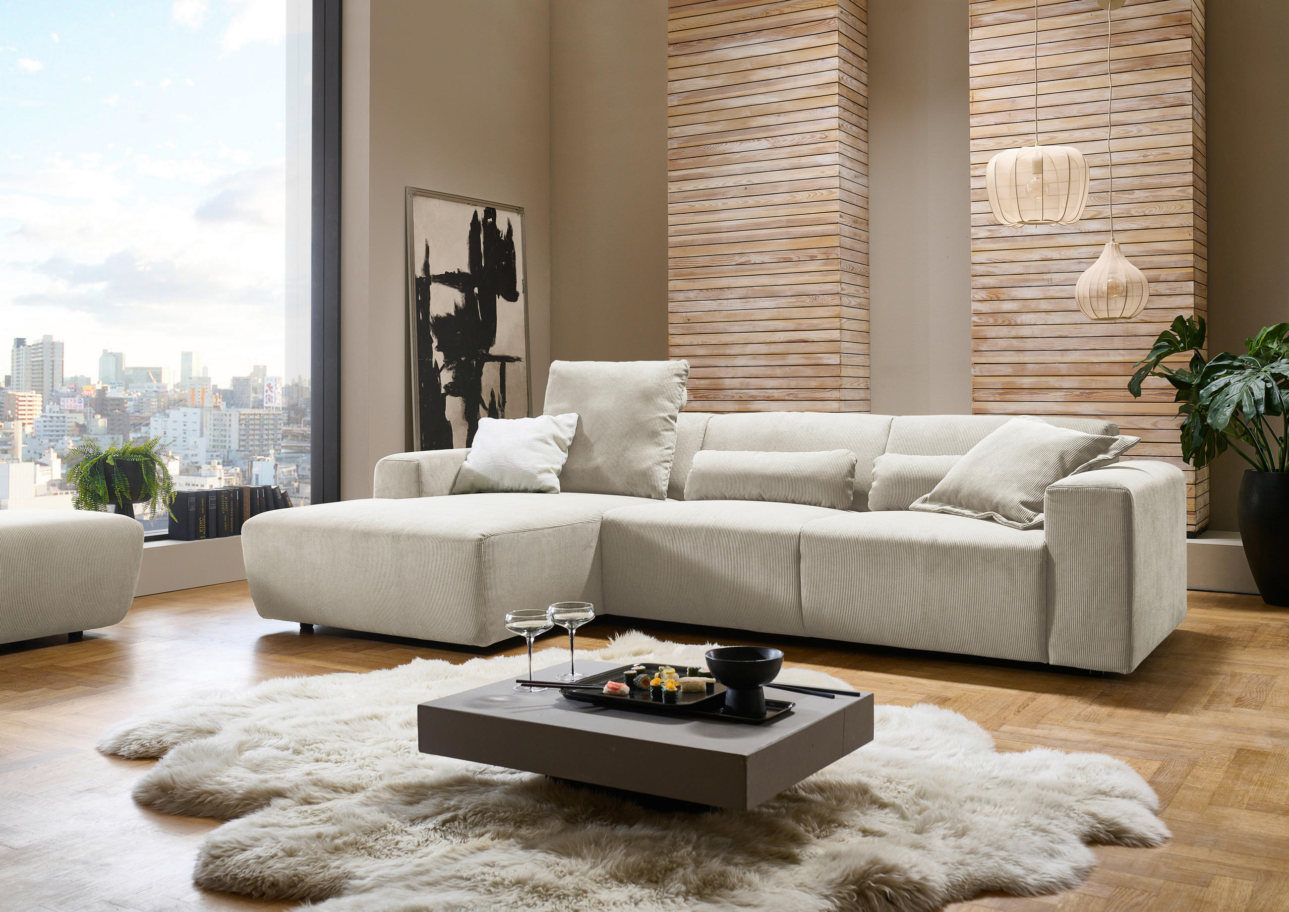 ECKSOFA Naturfarben Feincord  - Schwarz/Naturfarben, Design, Kunststoff/Textil (174/302cm) - Beldomo Style