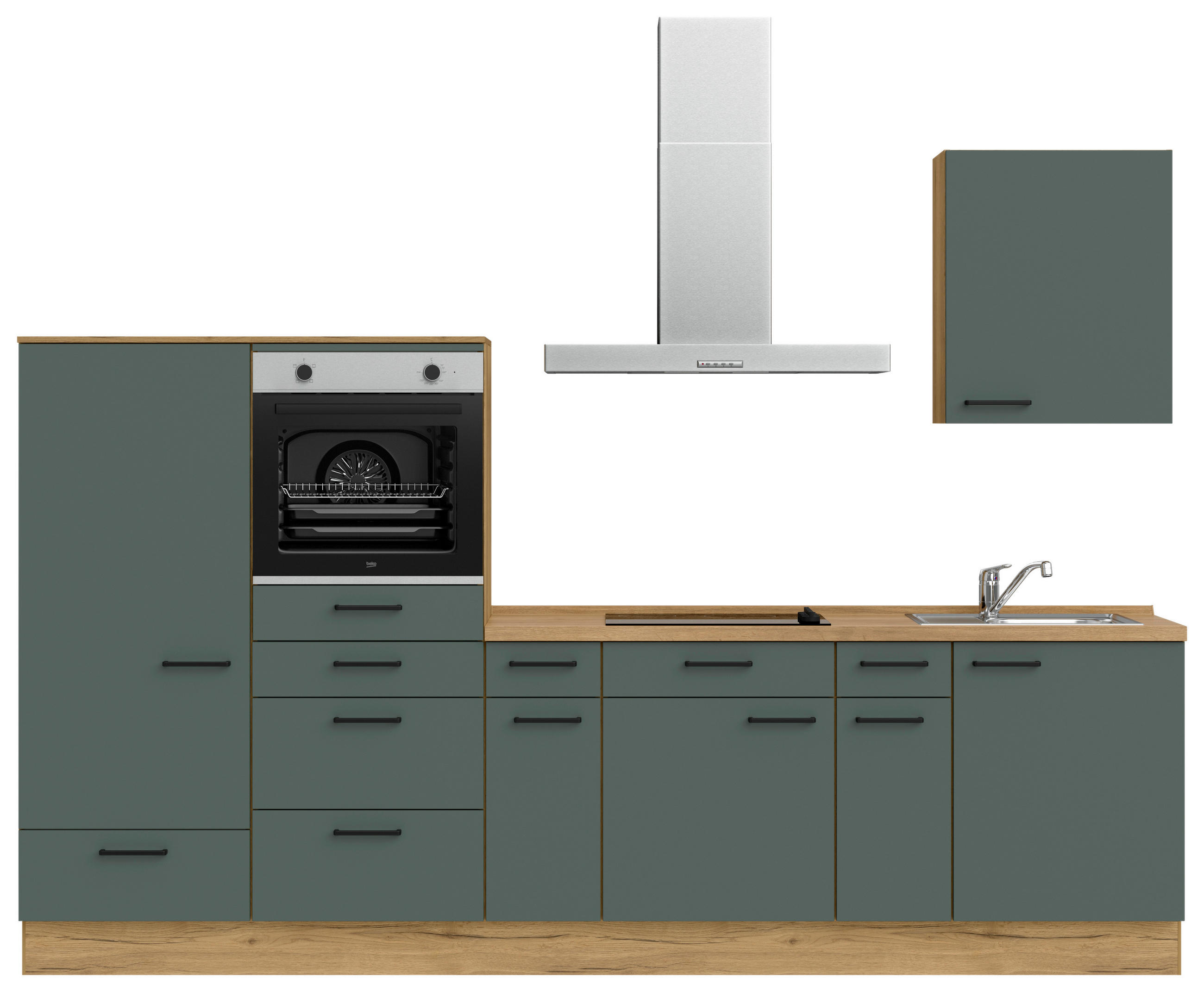 KÜCHENLEERBLOCK 300 cm   in Eichefarben, Dunkelgrün  - Dunkelgrün/Eichefarben, MODERN, Holzwerkstoff/Metall (300cm) - Nobilia
