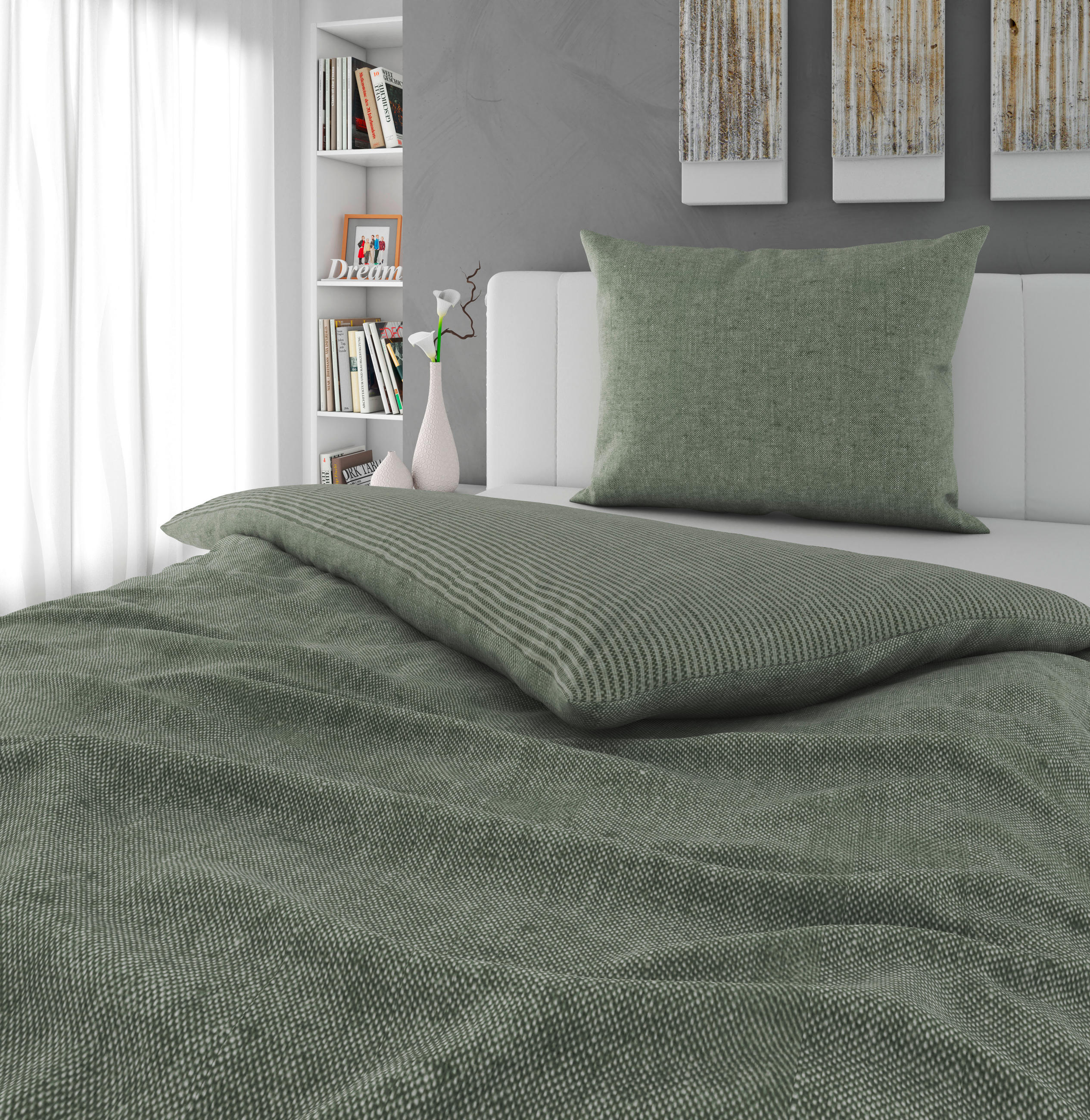 WENDEBETTWÄSCHE Flanell 140/200 cm  - Graugrün, Textil (140/200cm) - Novel