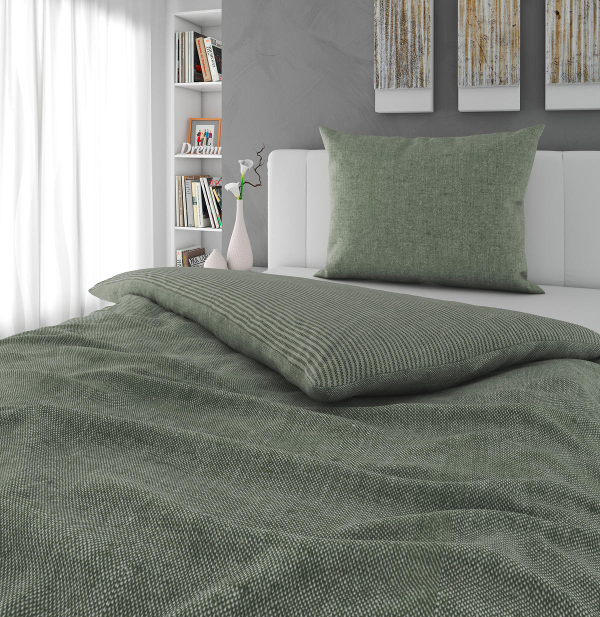 WENDEBETTWÄSCHE Flanell 140/200 cm  - Graugrün, Textil (140/200cm) - Novel