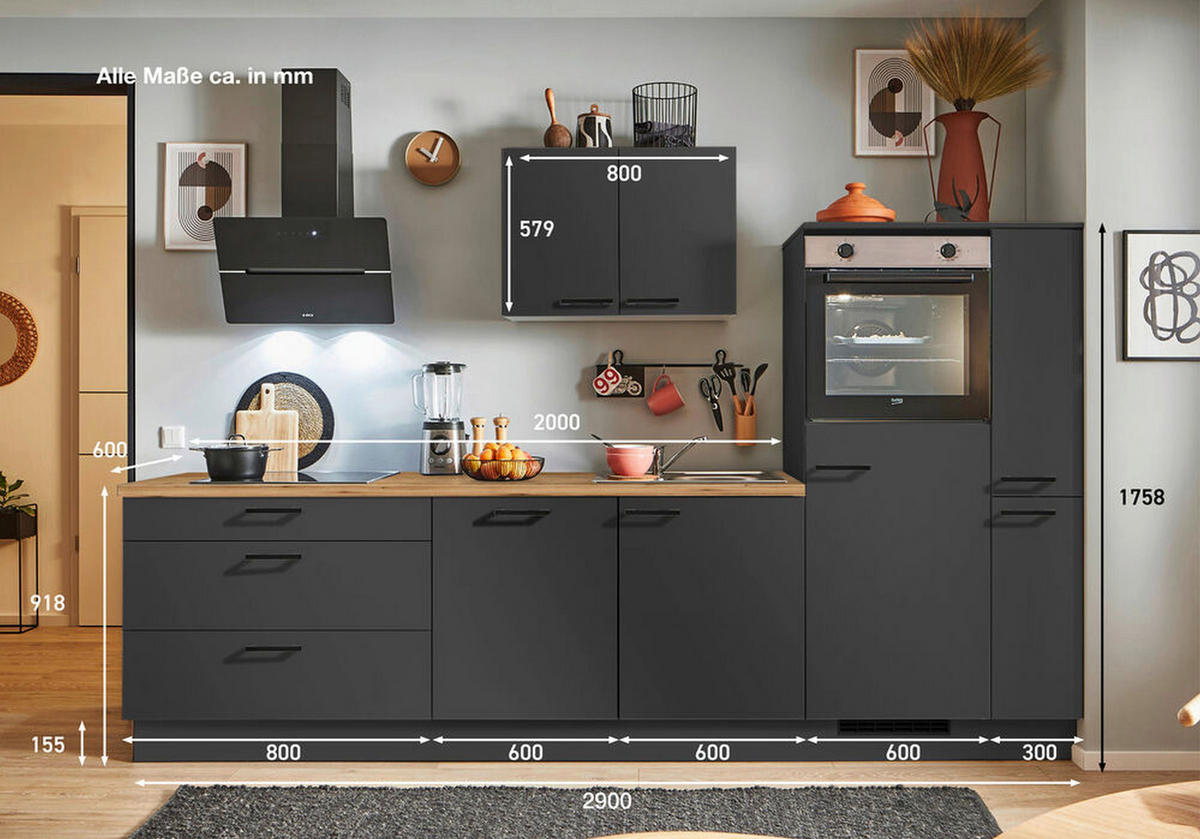 KÜCHENBLOCK PN 80 290 cm  in Graphitfarben, Eichefarben  - Eichefarben/Schwarz, Design, Holzwerkstoff/Metall (290cm) - Pino