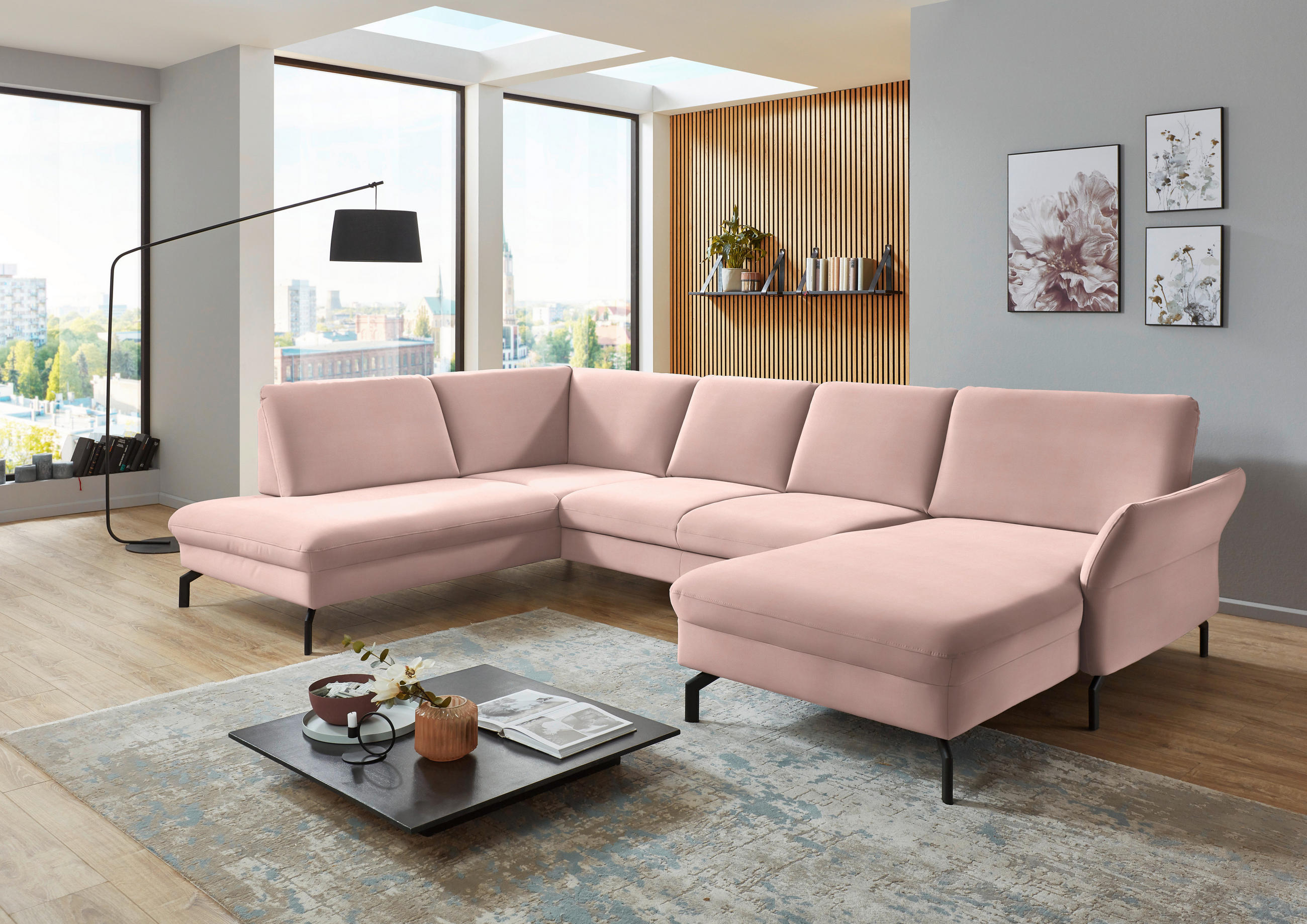 WOHNLANDSCHAFT in Velours Rosa  - Schwarz/Rosa, Design, Textil/Metall (220/335/179cm) - Beldomo System