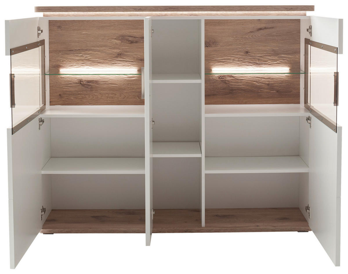 HIGHBOARD Tbilisi  in 150/124/38 cm  - Weiss/Eichefarben, Design, Glas/Holzwerkstoff (150/124/38cm) - Livetastic
