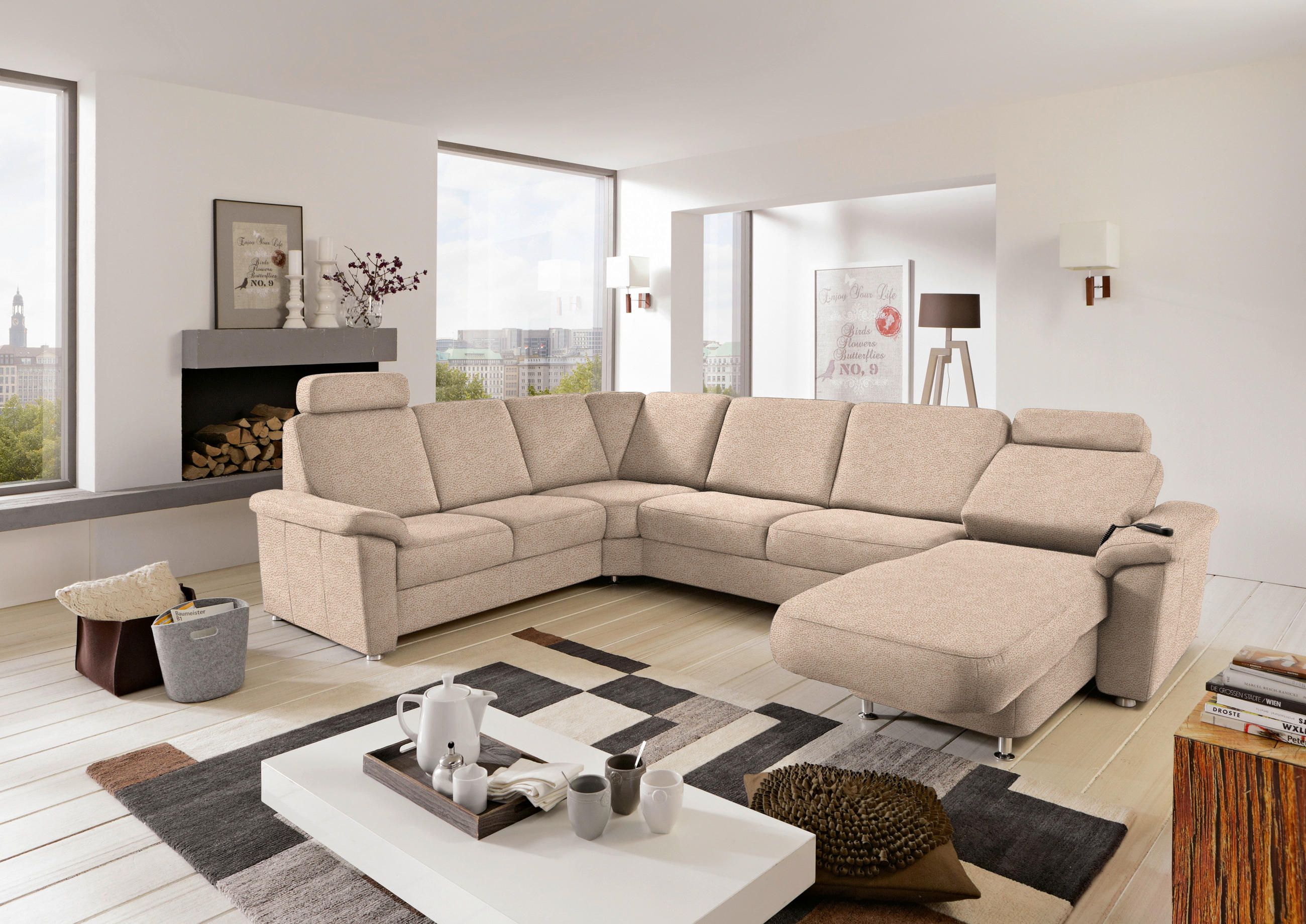 WOHNLANDSCHAFT Beige Flachgewebe  - Chromfarben/Beige, KONVENTIONELL, Textil/Metall (240/330/163cm) - Beldomo System