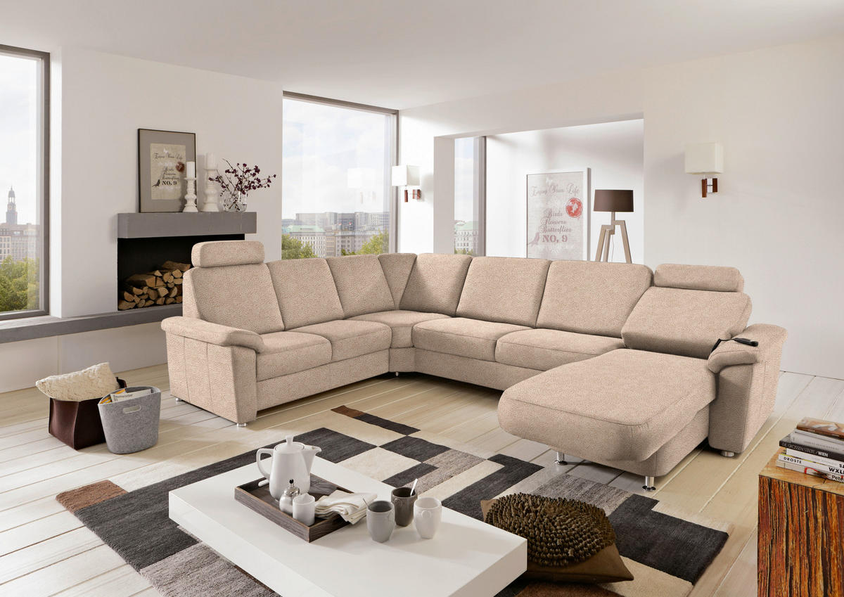 WOHNLANDSCHAFT Beige Flachgewebe  - Chromfarben/Beige, KONVENTIONELL, Textil/Metall (240/336/163cm) - Beldomo System