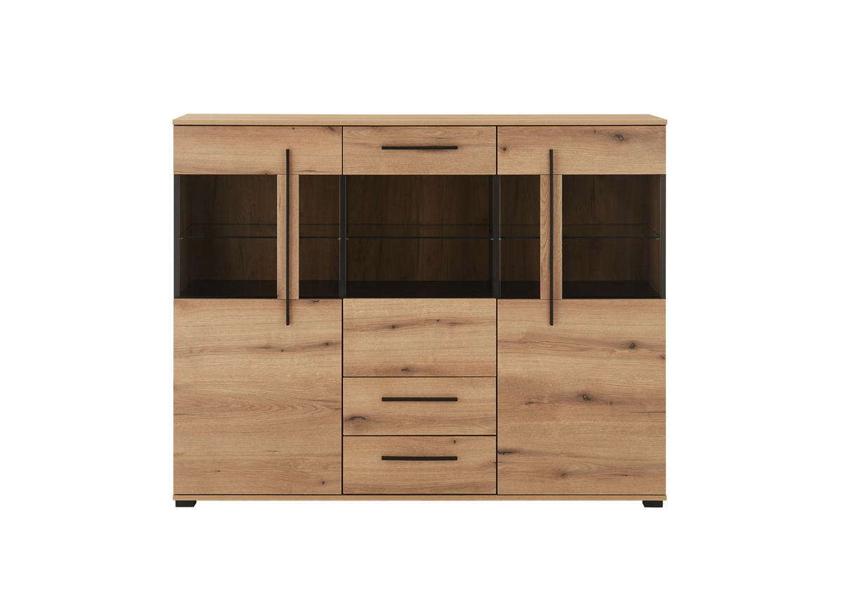 HIGHBOARD  160/126/42 cm 2 Schublade(n)  - Eichefarben/Schwarz, Design, Glas/Holzwerkstoff (160/126/42cm) - Livetastic