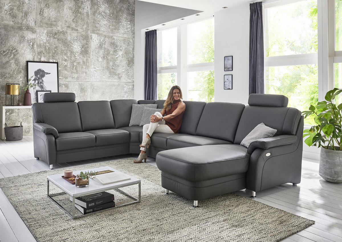WOHNLANDSCHAFT Anthrazit Echtleder  - Anthrazit/Alufarben, KONVENTIONELL, Leder/Metall (239/329/165cm) - Beldomo Premium