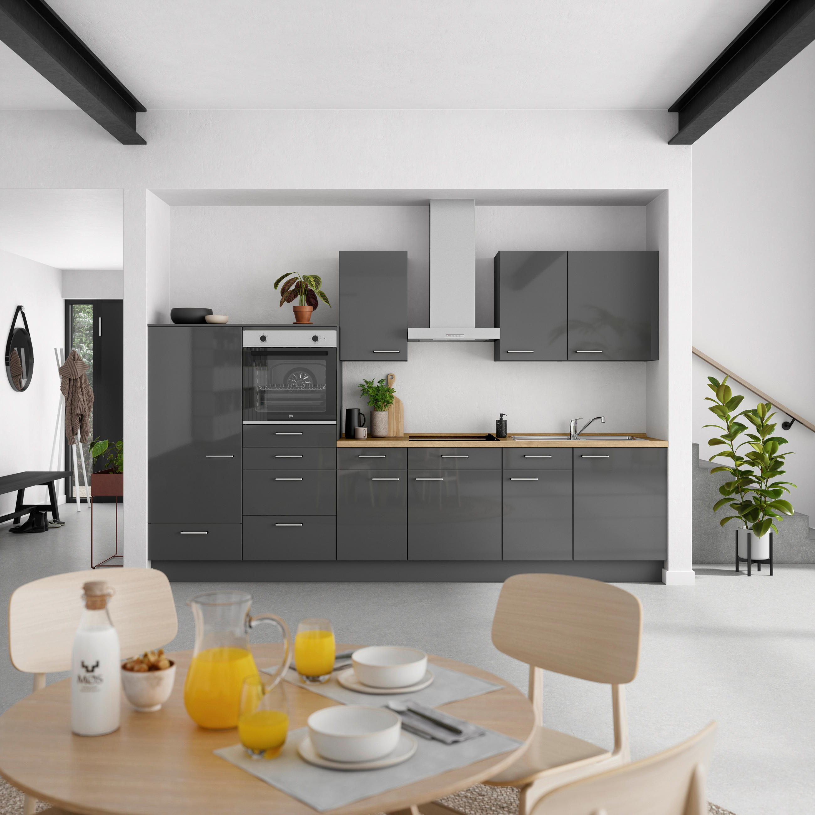 KÜCHENBLOCK Flash 330 cm  in Eichefarben, Schieferfarben  - Schieferfarben/Edelstahlfarben, MODERN, Holzwerkstoff/Metall (330cm) - Nobilia