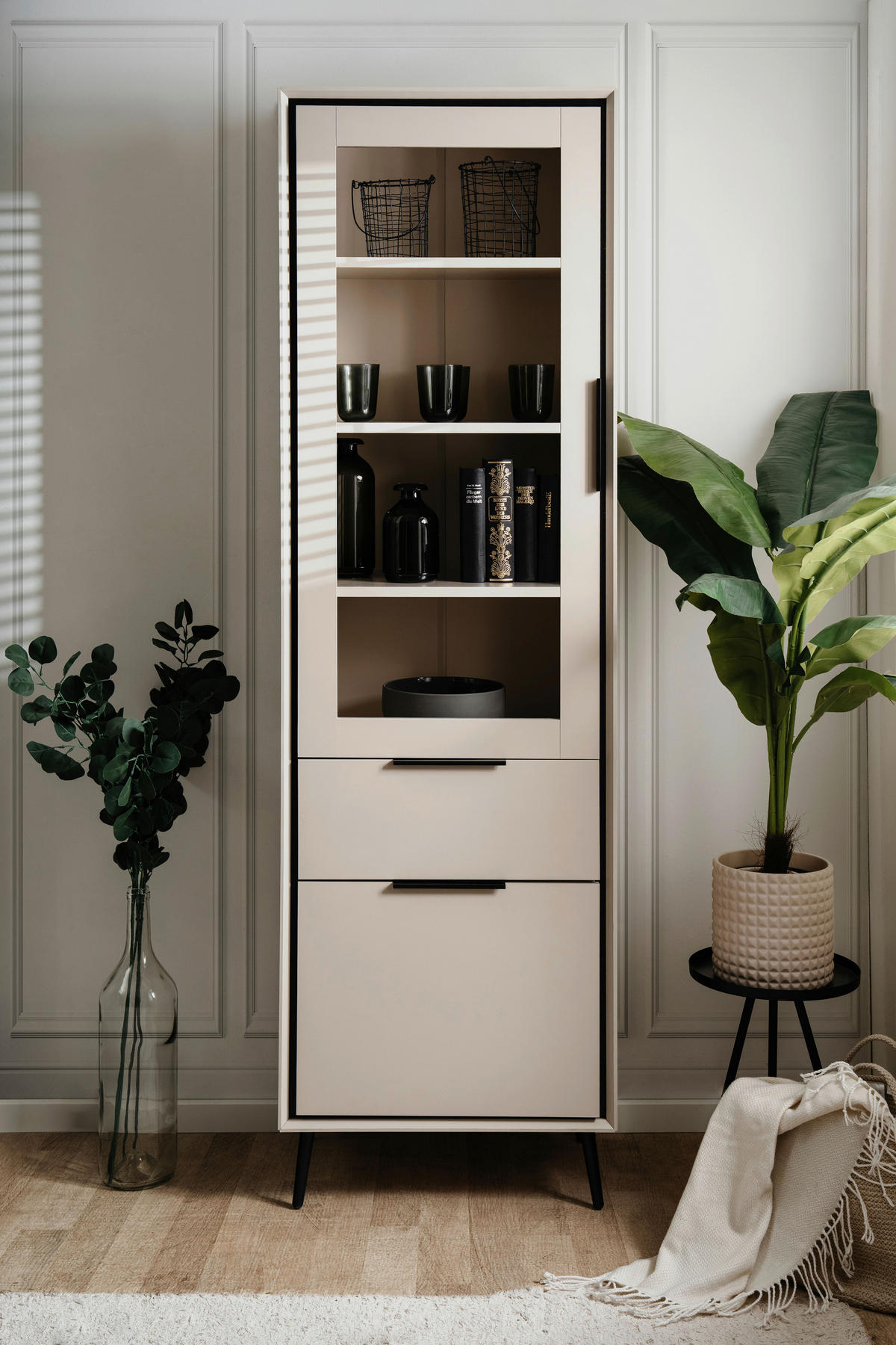 VITRINE in Schwarz, Sandfarben  - Sandfarben/Schwarz, Design, Glas/Holzwerkstoff (60/200/38cm) - MID.YOU