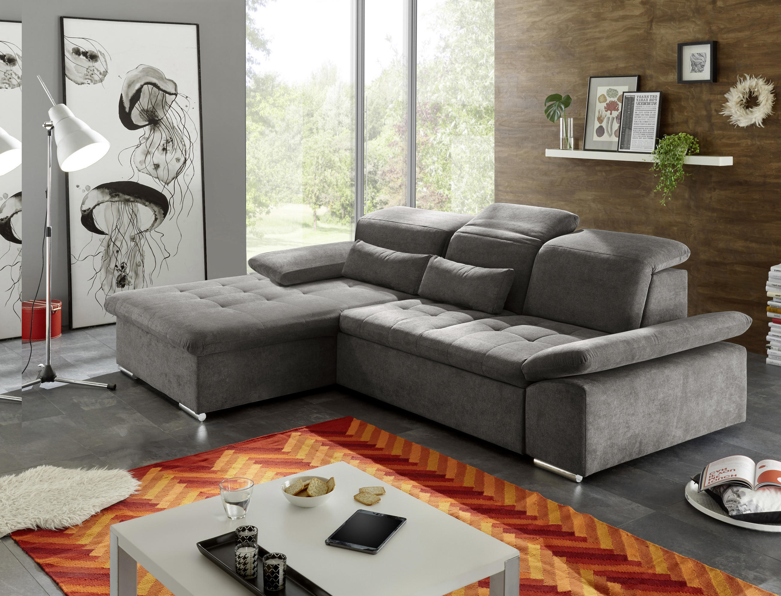 ECKSOFA in Mikrovelours Dunkelgrau  - Dunkelgrau/Silberfarben, Konventionell, Holzwerkstoff/Kunststoff (188/276cm) - MID.YOU