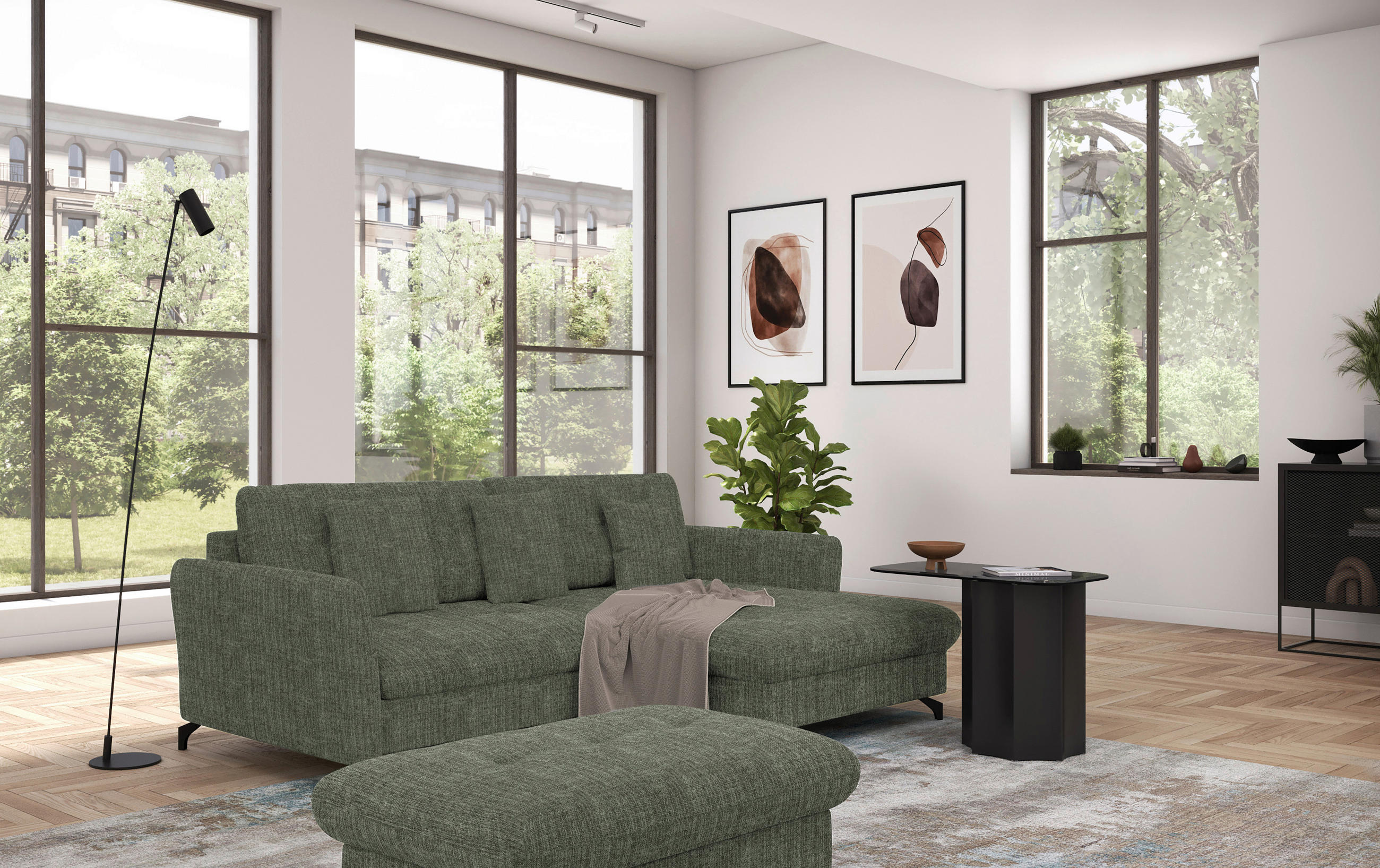 ECKSOFA in Flachgewebe, Leinenoptik Grün  - Schwarz/Grün, Design, Textil/Metall (242/170cm) - Xora