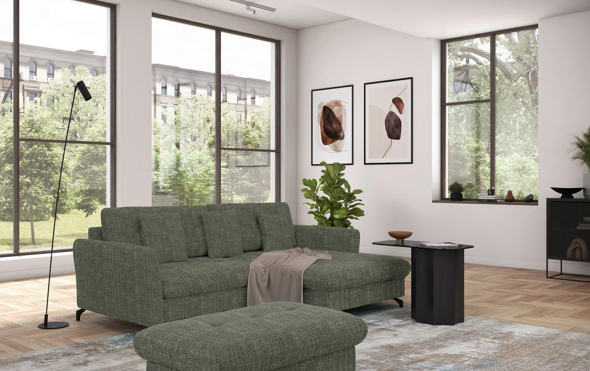 ECKSOFA in Flachgewebe, Leinenoptik Grün  - Schwarz/Grün, Design, Textil/Metall (242/170cm) - Xora