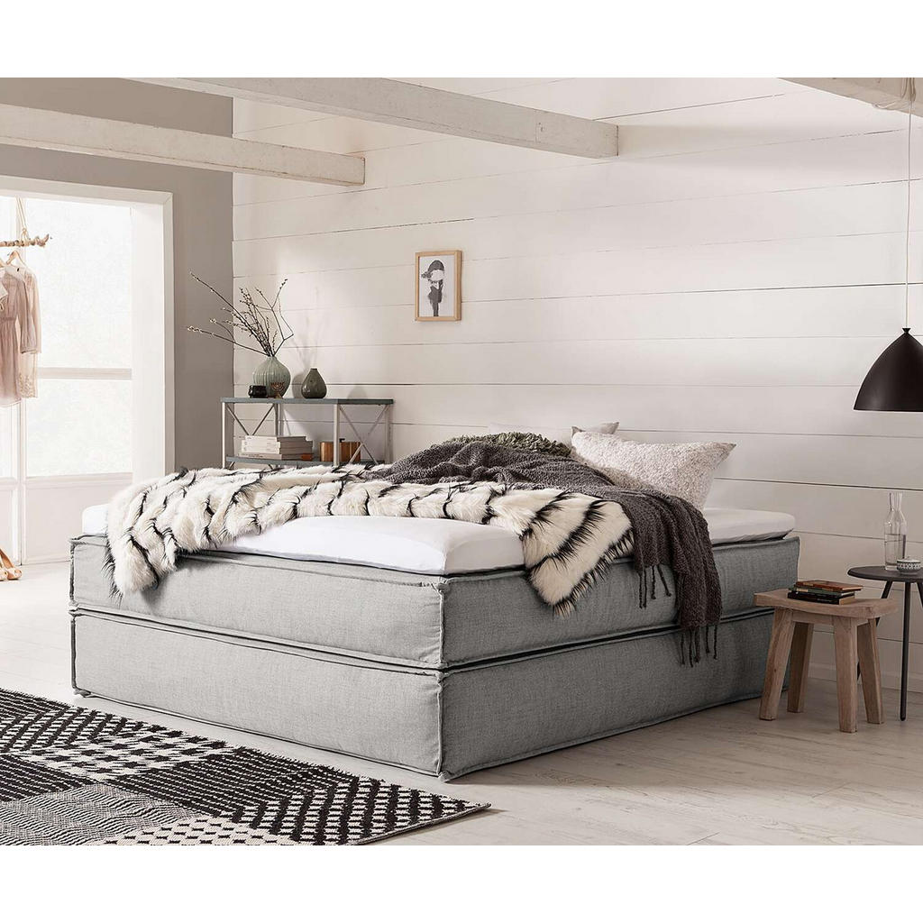 Thumbnail - home24 Boxspringbett, Hellgrau, Textil, H2 + H3, 7-Zonen, Höhe ca. 24 cm, 180x220 cm, Topper durchgehend, Partnermatratz...