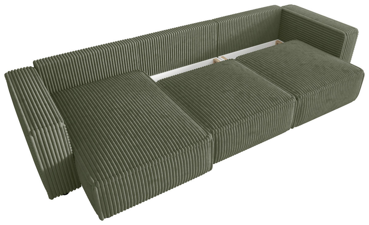 ECKSOFA Olivgrün Cord Zierkissen, Rückenkissen, Schlaffunktion, Rücken echt  - Schwarz/Olivgrün, MODERN, Kunststoff/Textil (350/168cm) - Xora