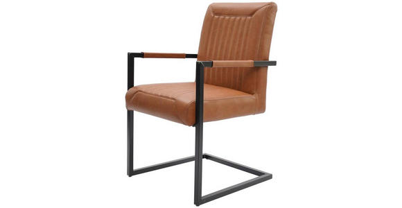 ARMLEHNSTUHL in Eisen Echtleder pigmentiert - Cognac/Schwarz, Design, Leder/Metall (55/91/64cm) - Ambia Home