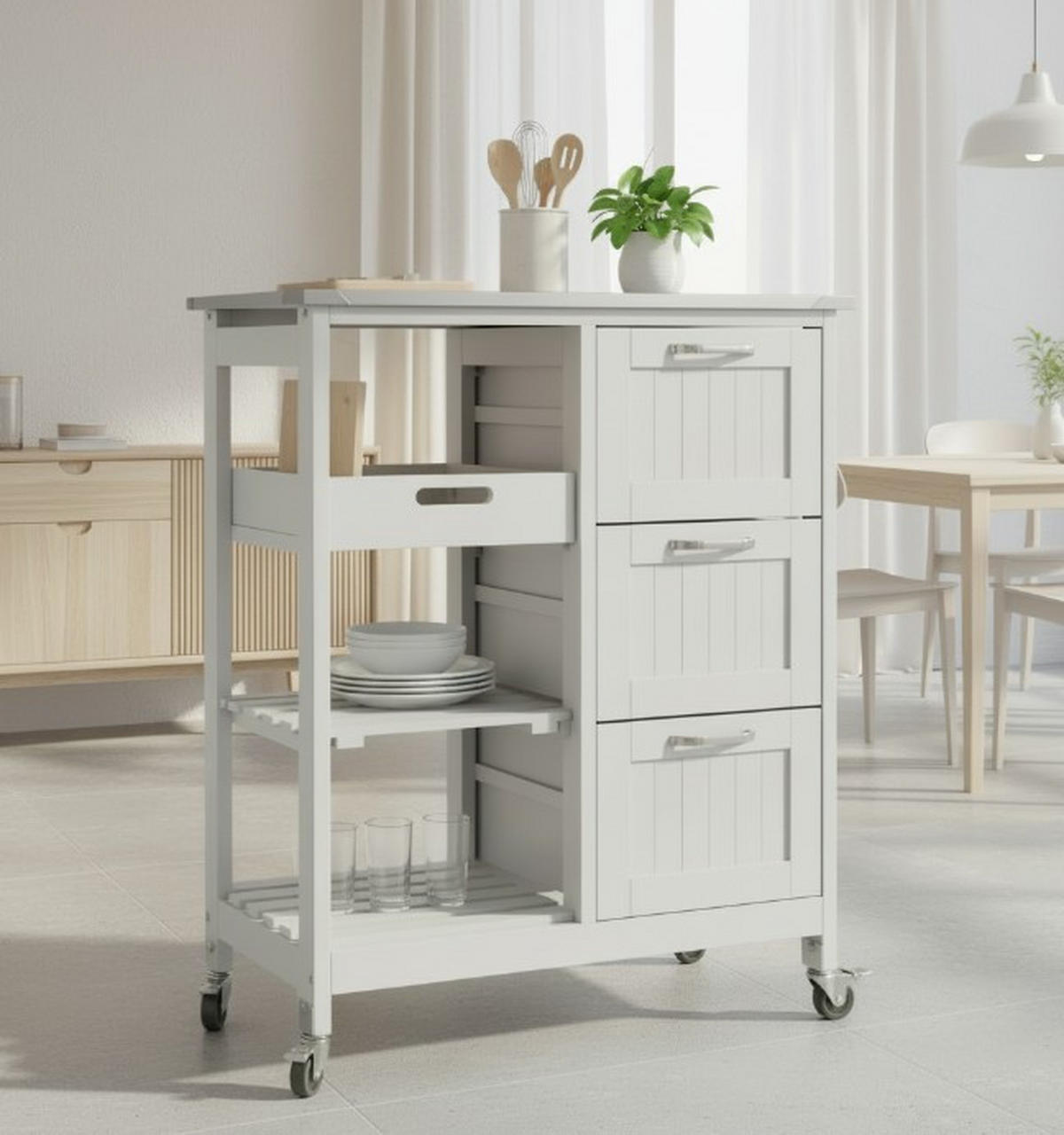 SERVIERWAGEN , Weiss  - Weiss/Silberfarben, Basics, Holzwerkstoff/Kunststoff (67/84/37cm) - MID.YOU