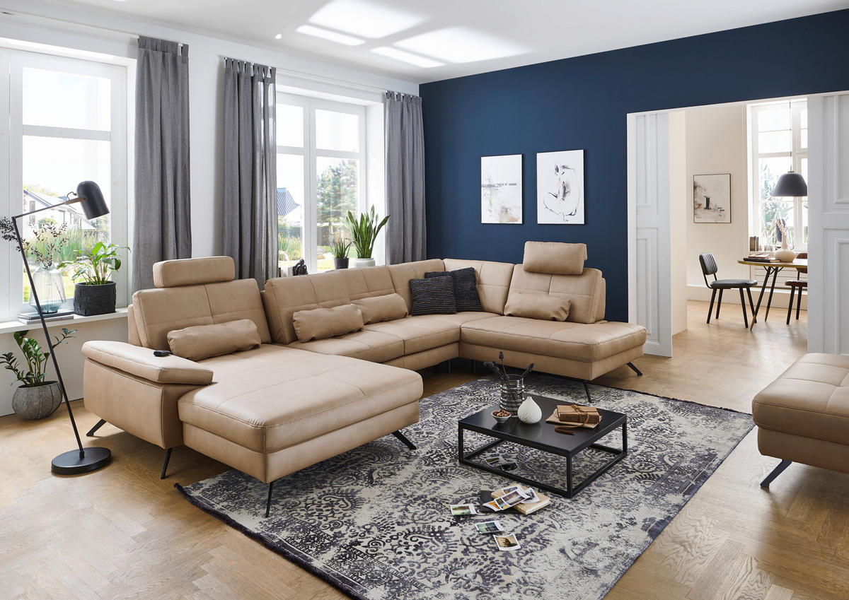 WOHNLANDSCHAFT in Lederlook, Mikrofaser Hellbraun, Haselnussfarben  - Hellbraun/Schwarz, Design, Textil/Metall (345/220cm) - Beldomo System