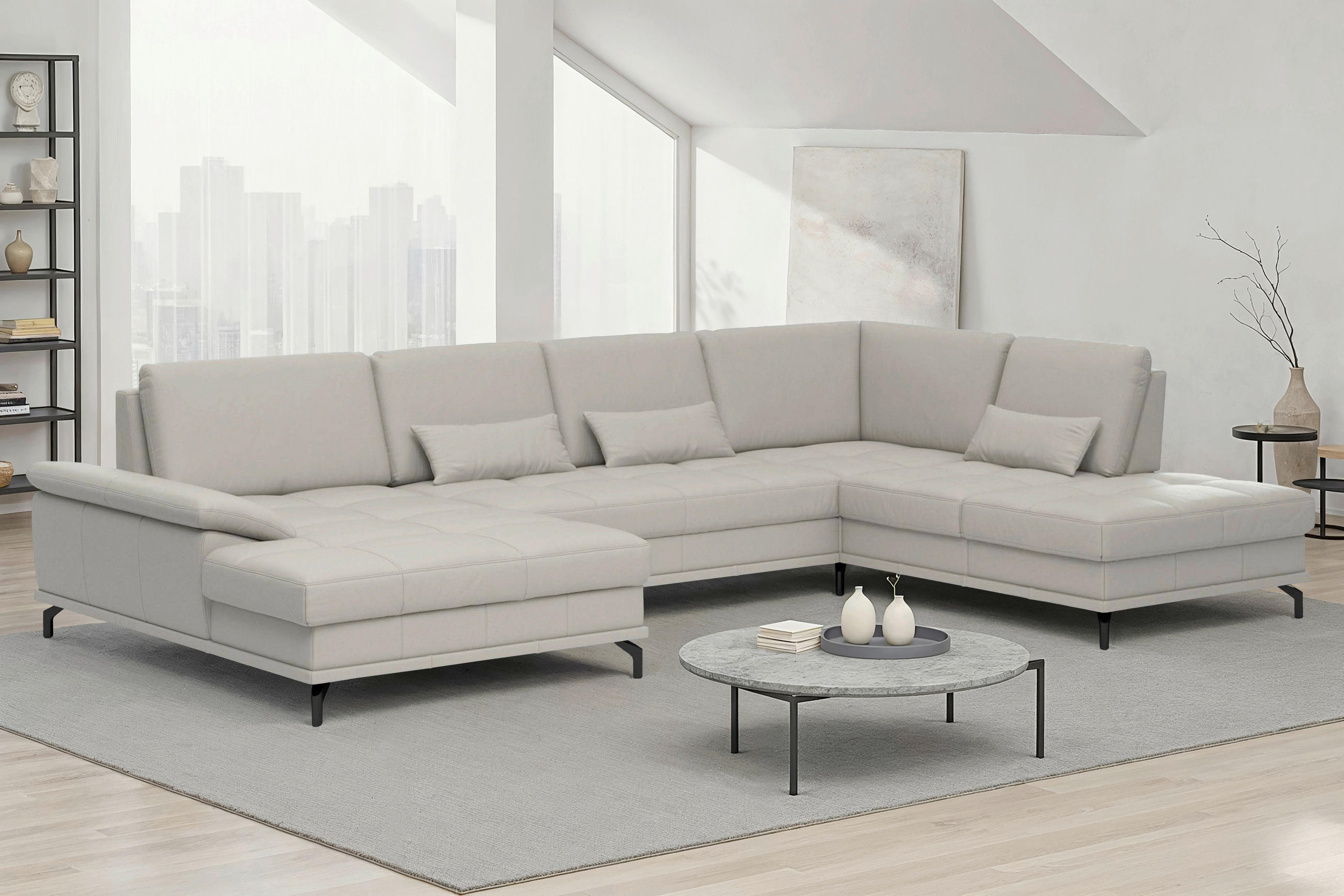WOHNLANDSCHAFT COSTELLO E Hellgrau Echtleder  - Hellgrau/Schwarz, Basics, Leder/Metall (176/363/223cm) - Sit & More