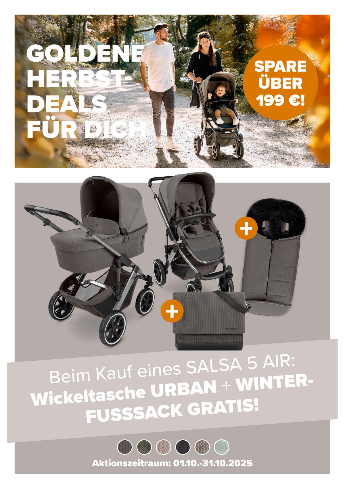 KINDERWAGENSET  Salsa 5 Air Herbst Set  Pine  - Pastellgrün/Schwarz, Basics, Textil/Metall (63/118/95,5cm) - ABC Design