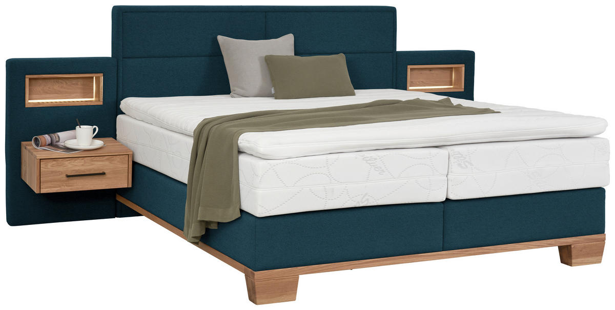 BOXSPRINGBETT 180/200 cm,  in Eichefarben, Blau, Matratze, Topper, H3 = fest  - Blau/Eichefarben, Natur, Holz/Textil (180/200cm) - Valnatura