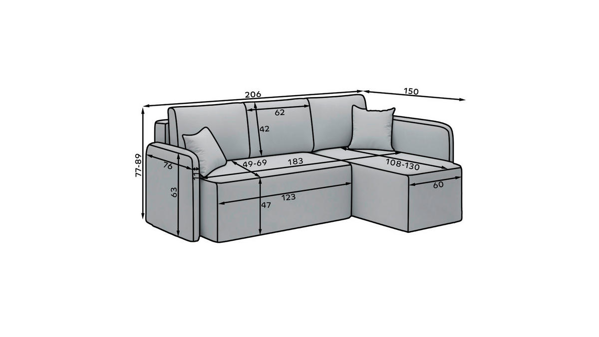 ECKSOFA in Plüsch Hellgrau   - Hellgrau/Schwarz, Design, Kunststoff/Textil (206cm) - MID.YOU