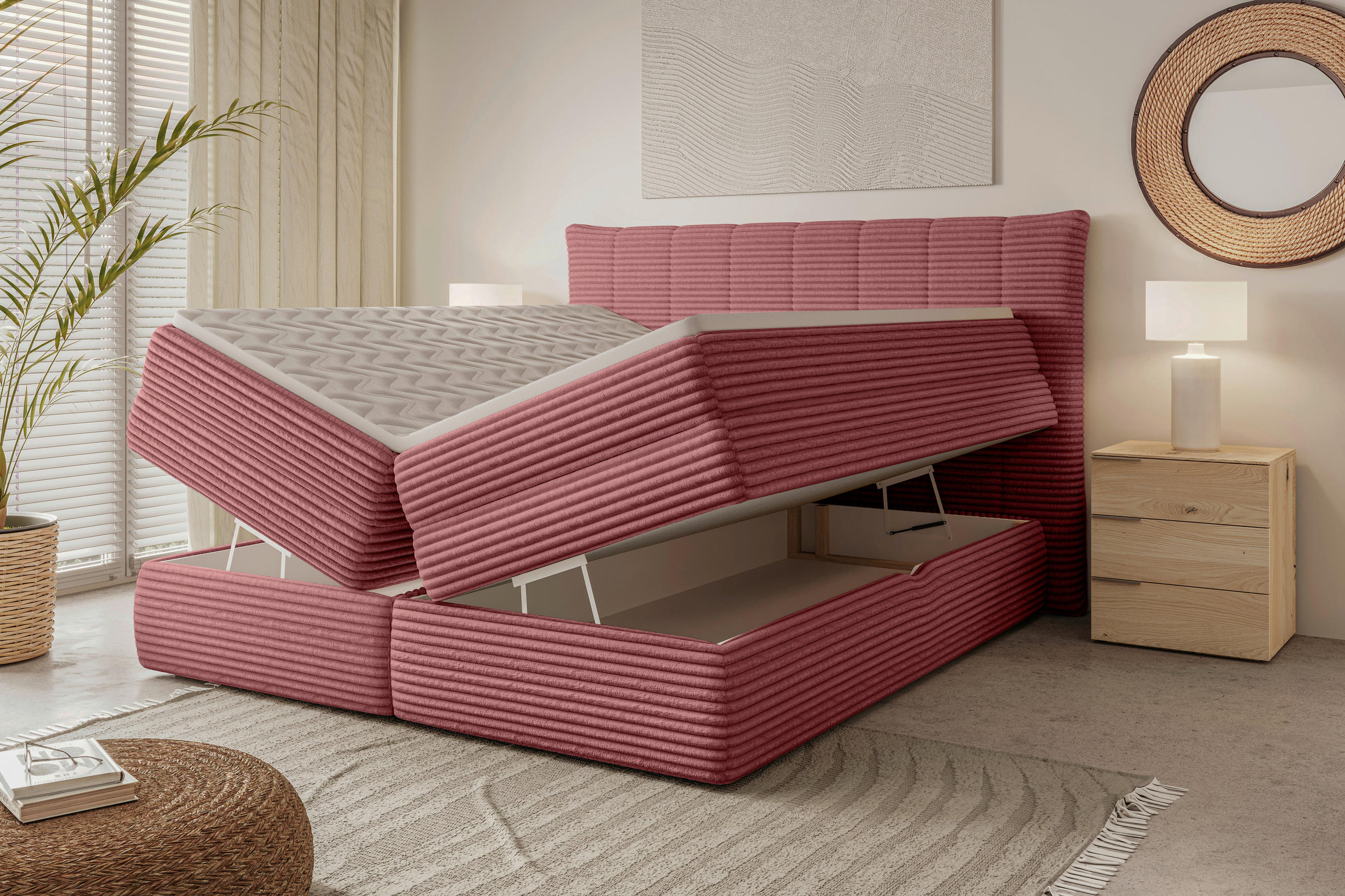 BOXSPRINGBETT 180/200 cm,  in Rosa, gepolstertes Kopfteil, Bettkasten, Topper, Matratzen, H3 + H3 = fest  - Schwarz/Rosa, Design, Kunststoff/Textil (180/200cm) - Chameo