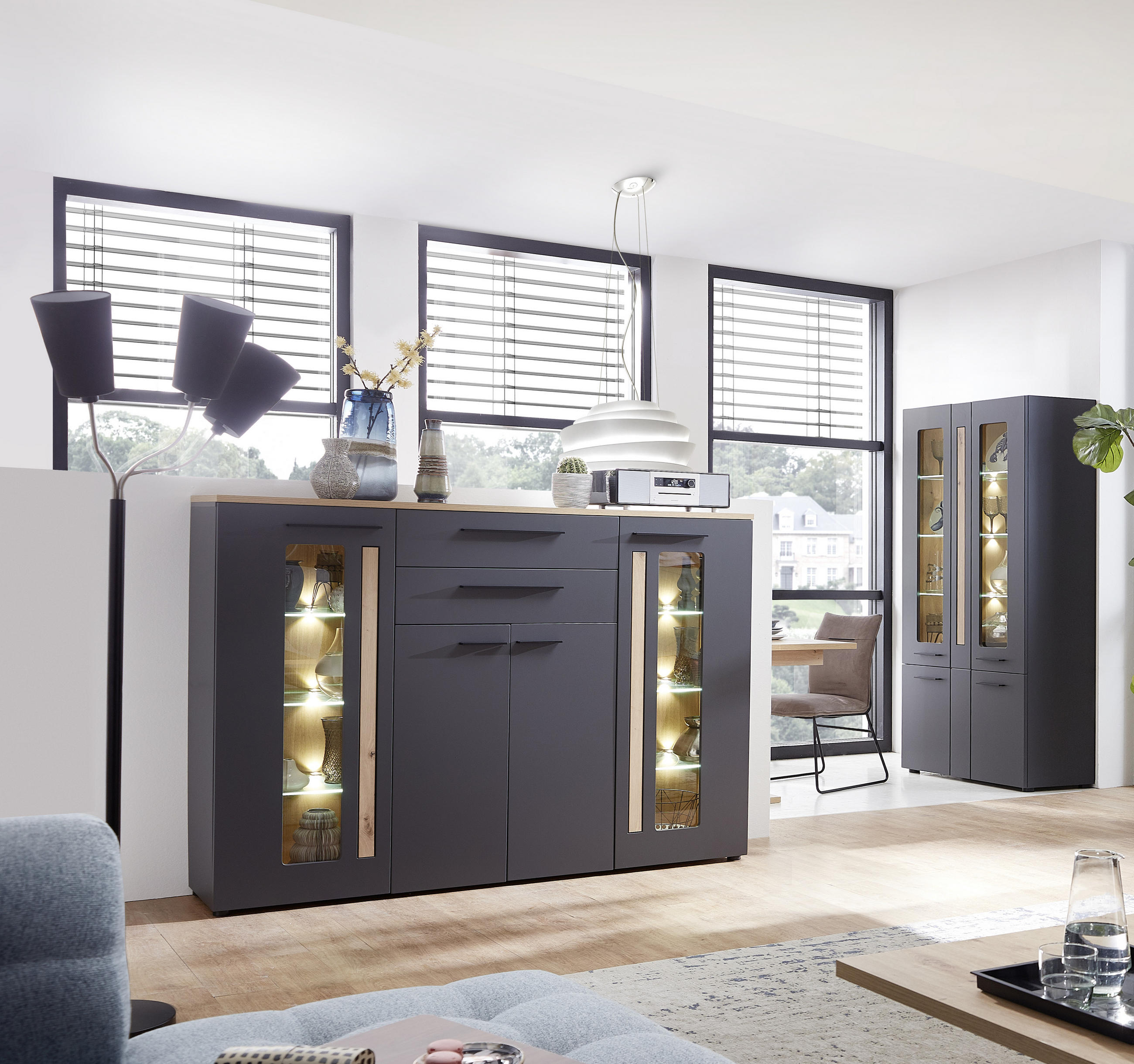 HIGHBOARD ohne Beleuchtung, Graphitfarben, Eichefarben Beleuchtung, Einlegeböden - Eichefarben/Schwarz, MODERN, Glas/Holzwerkstoff (180/133/37cm) - Livetastic