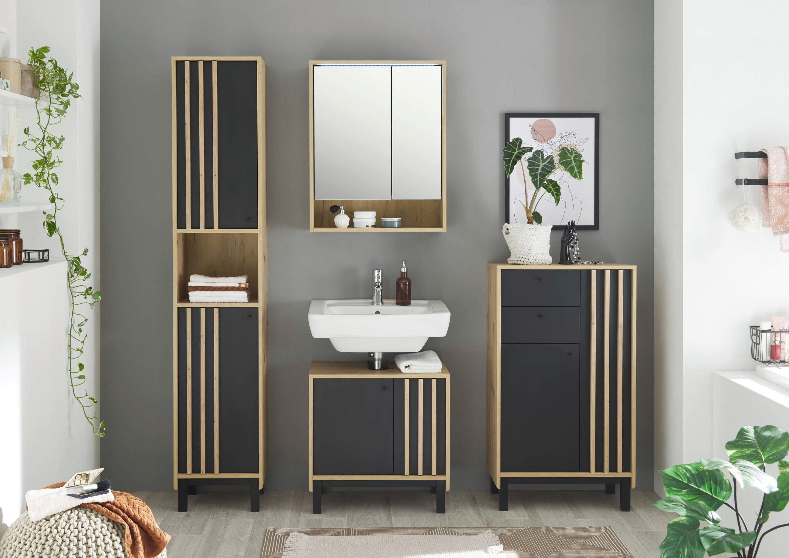 MIDISCHRANK 60/106/32 cm  - Schwarz/Eiche Artisan, Modern, Holzwerkstoff/Kunststoff (60/106/32cm) - MID.YOU