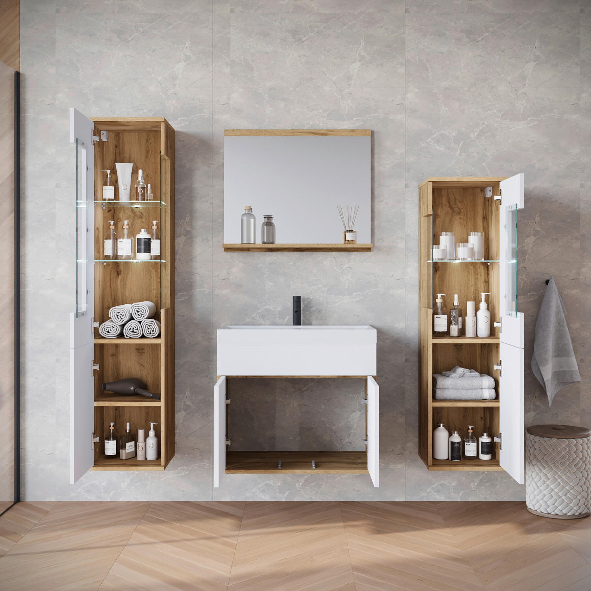 BADEZIMMER 5-teilig  in 120,4 cm  - Weiß Hochglanz/Eiche Wotan, Trend, Glas/Keramik (120,4cm) - P & B