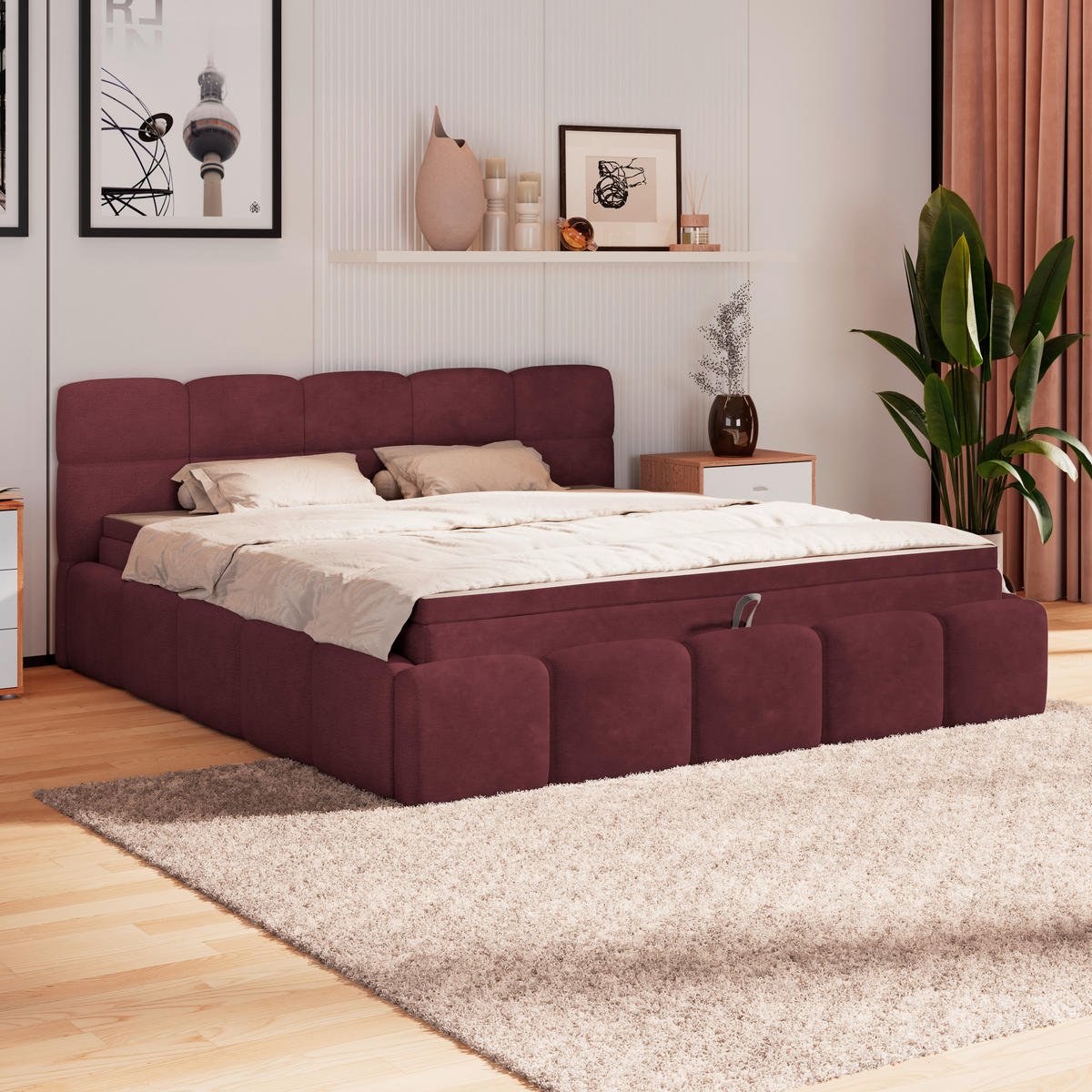 POLSTERBETT 160/200 cm,  in Bordeaux, Matratze, Bettkasten, H3 = fest  - Bordeaux/Schwarz, Trend, Kunststoff/Textil (160/200cm)