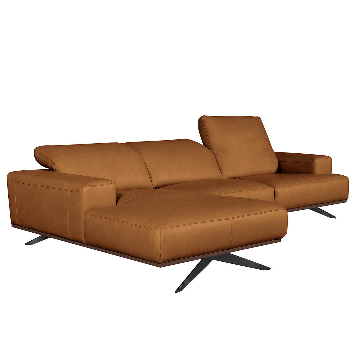 ECKSOFA Cognac Echtleder Rücken echt, Kopfteilverstellung  - Cognac/Schwarz, Design, Leder/Metall (187/295cm) - Livetastic