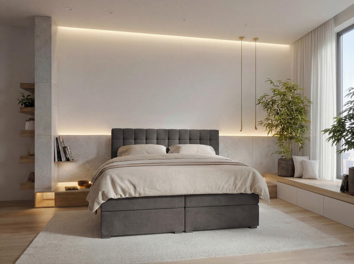 BOXSPRINGBETT 160/200 cm,  in Dunkelgrau, Bettkasten, Topper, Matratzen, H3 = fest  - Dunkelgrau/Schwarz, KONVENTIONELL, Kunststoff/Textil (160/200cm) - Boxxx