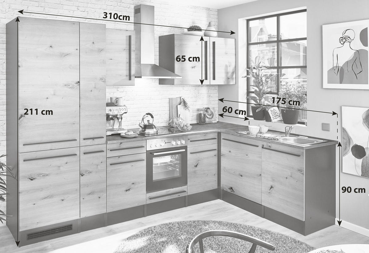 ECKKÜCHE 310/175 cm  in Anthrazit, Eiche Artisan  - Anthrazit/Schwarz, LIFESTYLE, Holzwerkstoff/Kunststoff (310/175cm) - MID.YOU
