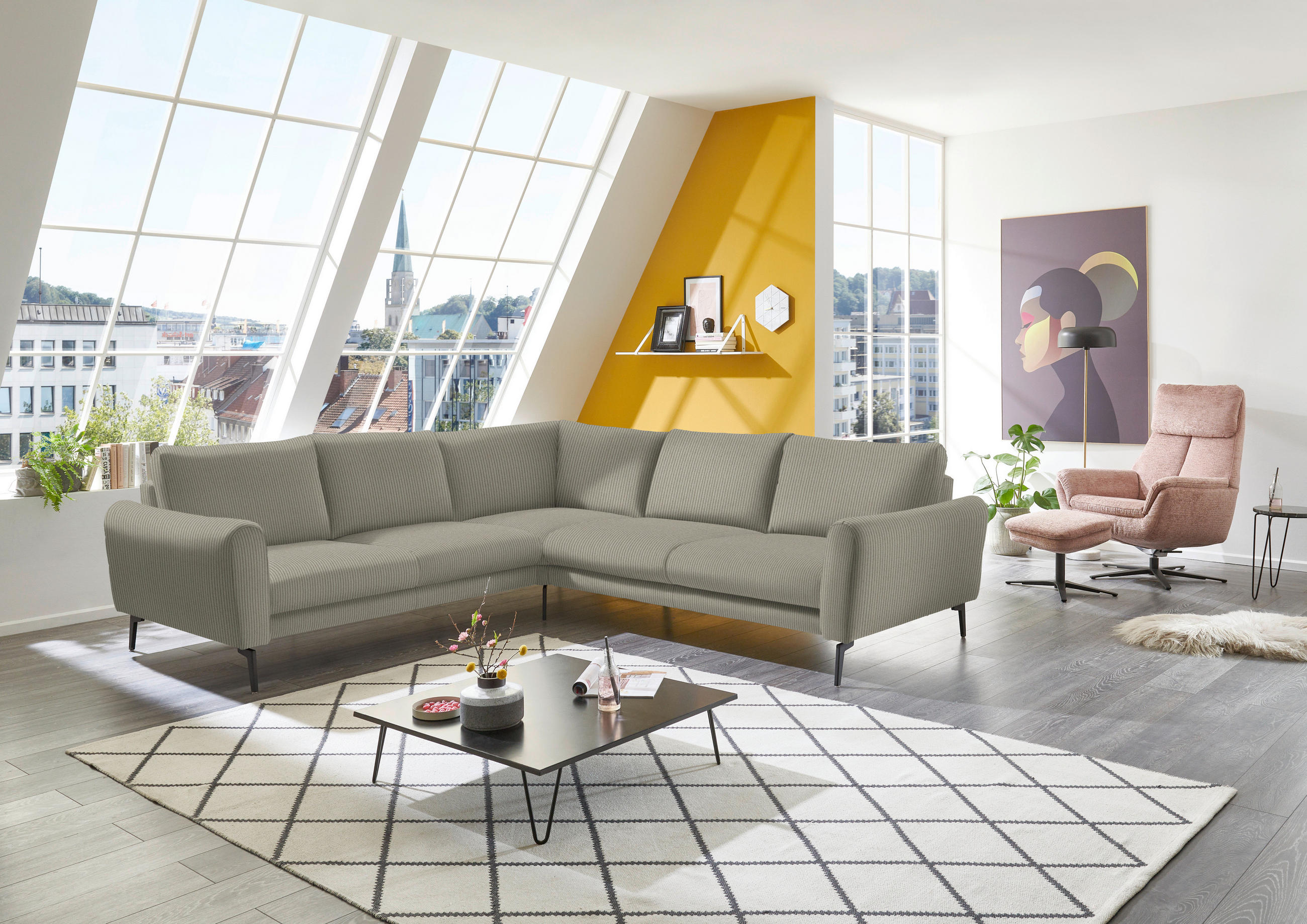 ECKSOFA in Velours, Feincord Taupe  - Taupe/Schwarz, Design, Textil/Metall (254/280cm) - Beldomo Style
