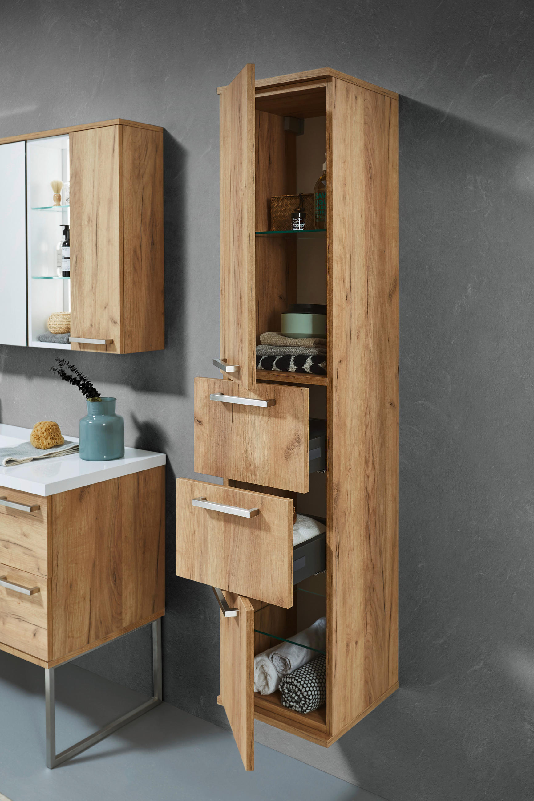 HOCHSCHRANK 35/165/37 cm  - Edelstahlfarben/Alteiche, Design, Glas/Holz (35/165/37cm) - Dieter Knoll