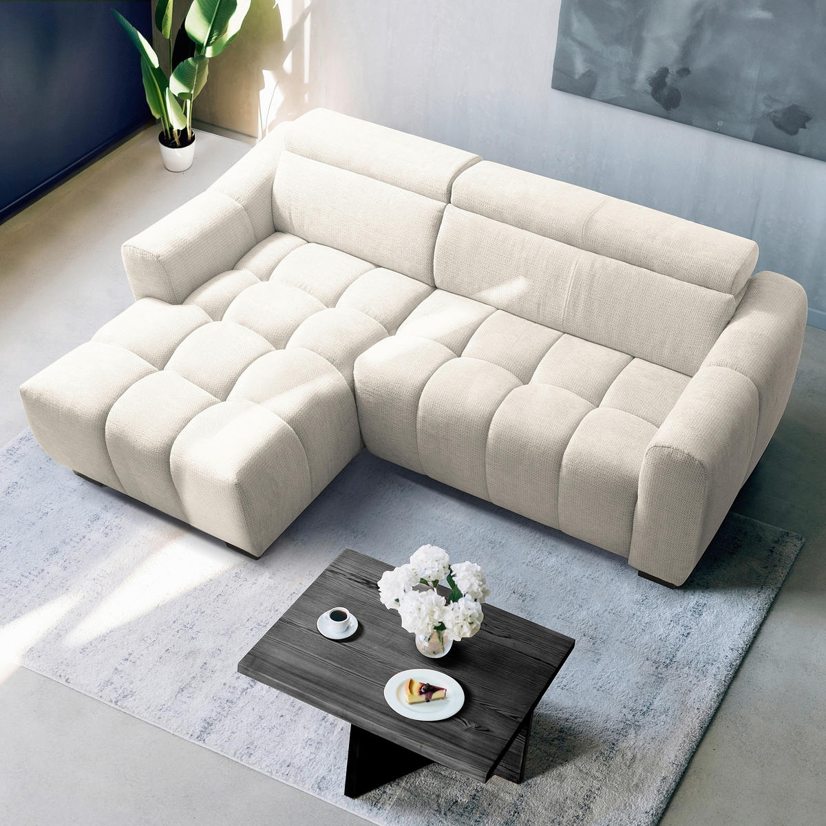 ECKSOFA  Webstoff Weiss  - Weiss/Schwarz, Design, Kunststoff/Textil (177/274cm) - Livetastic