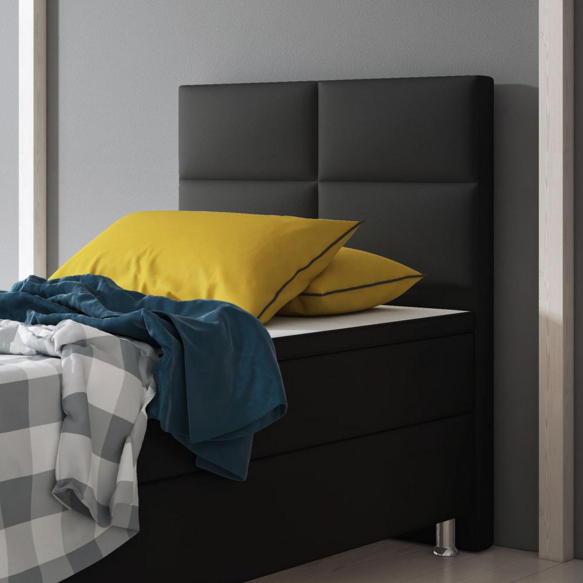 Boxspringbett mit Topper  in Schwarz  - Silberfarben/Schwarz, KONVENTIONELL, Leder/Textil (90/115/210cm) - MID.YOU