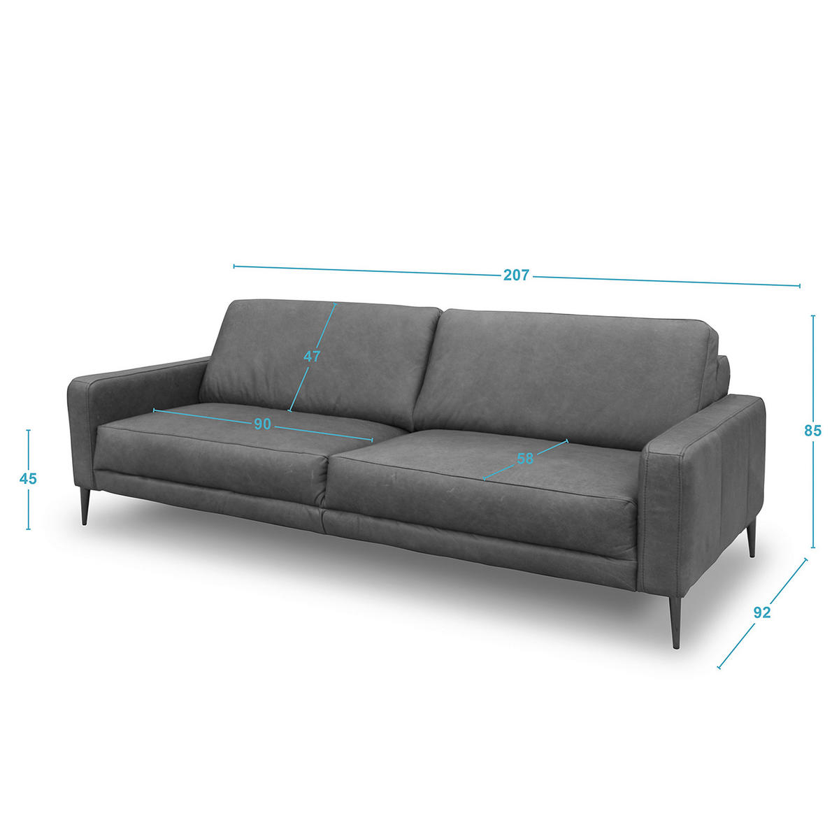 3,5-SITZER Echtleder Cognac  - Cognac/Schwarzchrom, Design, Leder/Metall (207/85/92cm) - Livetastic