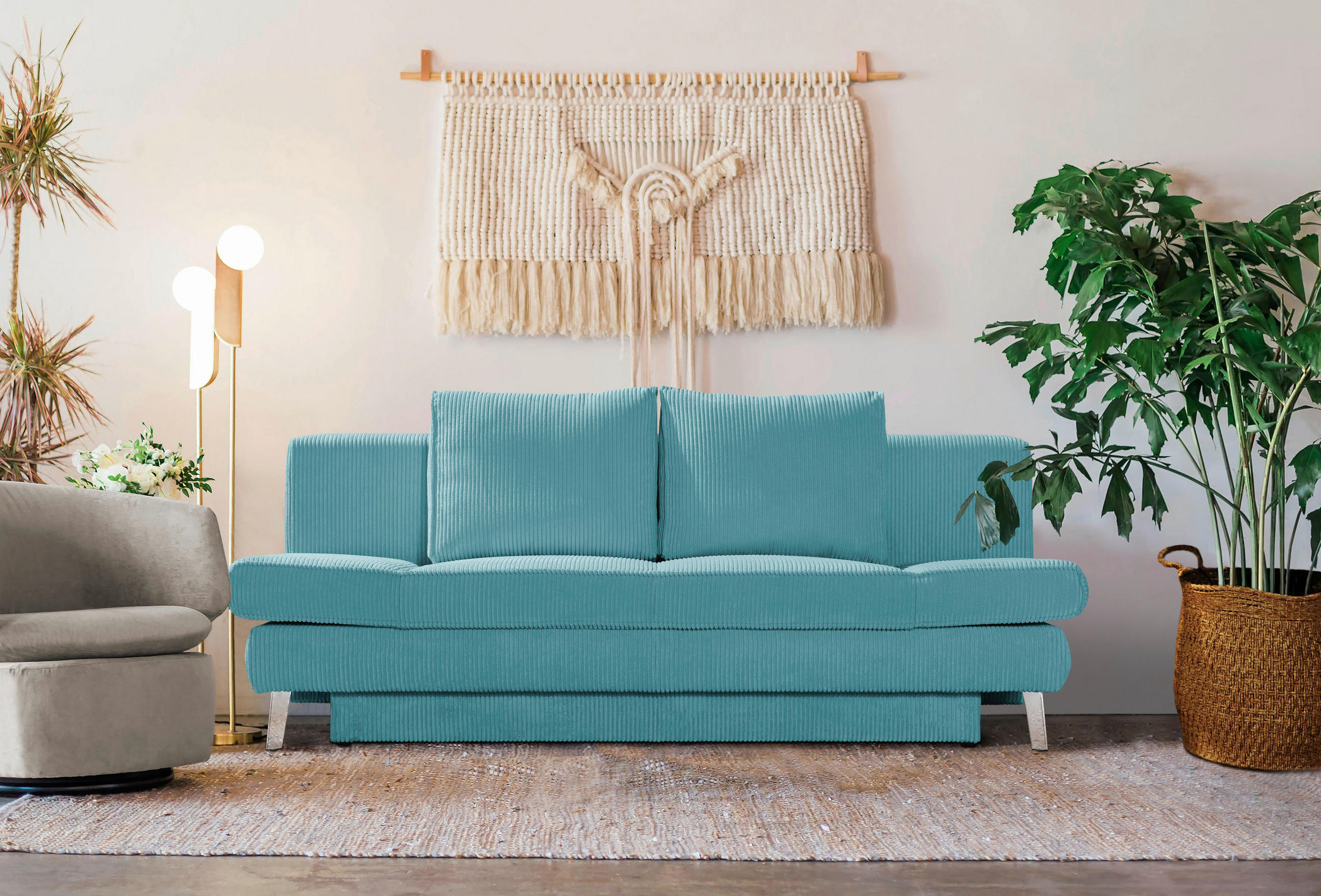 SCHLAFSOFA in Cord Türkis  - Türkis/Chromfarben, Design, Textil/Metall (200/85/90cm) - Xora