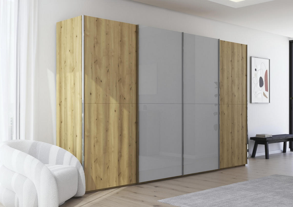 SCHWEBETÜRENSCHRANK 360/223/68 cm 4-türig Eichefarben, Chromfarben, Hellgrau  - Chromfarben/Eichefarben, Design, Glas/Holz (360/223/68cm) - Novel