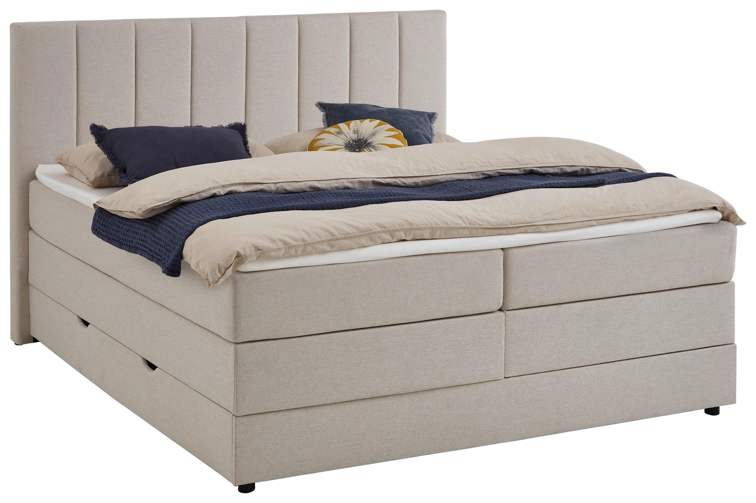 BOXBETT 180/200 cm,  in Beige, Matratze, gepolstertes Kopfteil, Bettkasten, Topper, H3 = fest  - Beige/Schwarz, Basics, Holz/Textil (180/200cm) - Boxxx