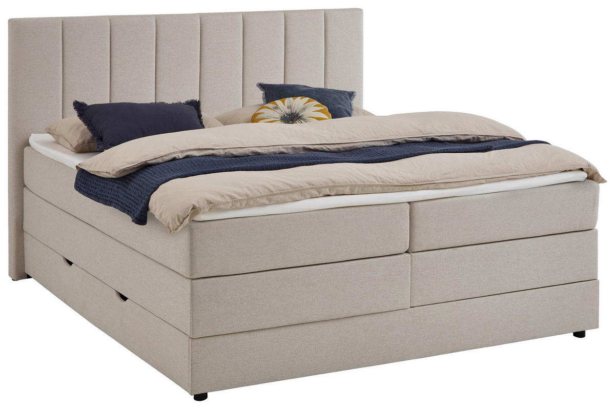 BOXBETT 180/200 cm,  in Beige, Matratze, gepolstertes Kopfteil, Bettkasten, Topper, H3 = fest  - Beige/Schwarz, Basics, Holz/Textil (180/200cm) - Boxxx