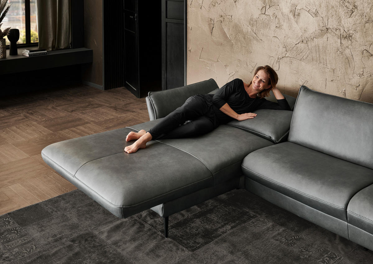 ECKSOFA in Echtleder Anthrazit  172/334 cm  - Anthrazit/Schwarz, Design, Leder/Metall (172/334cm) - Hukla