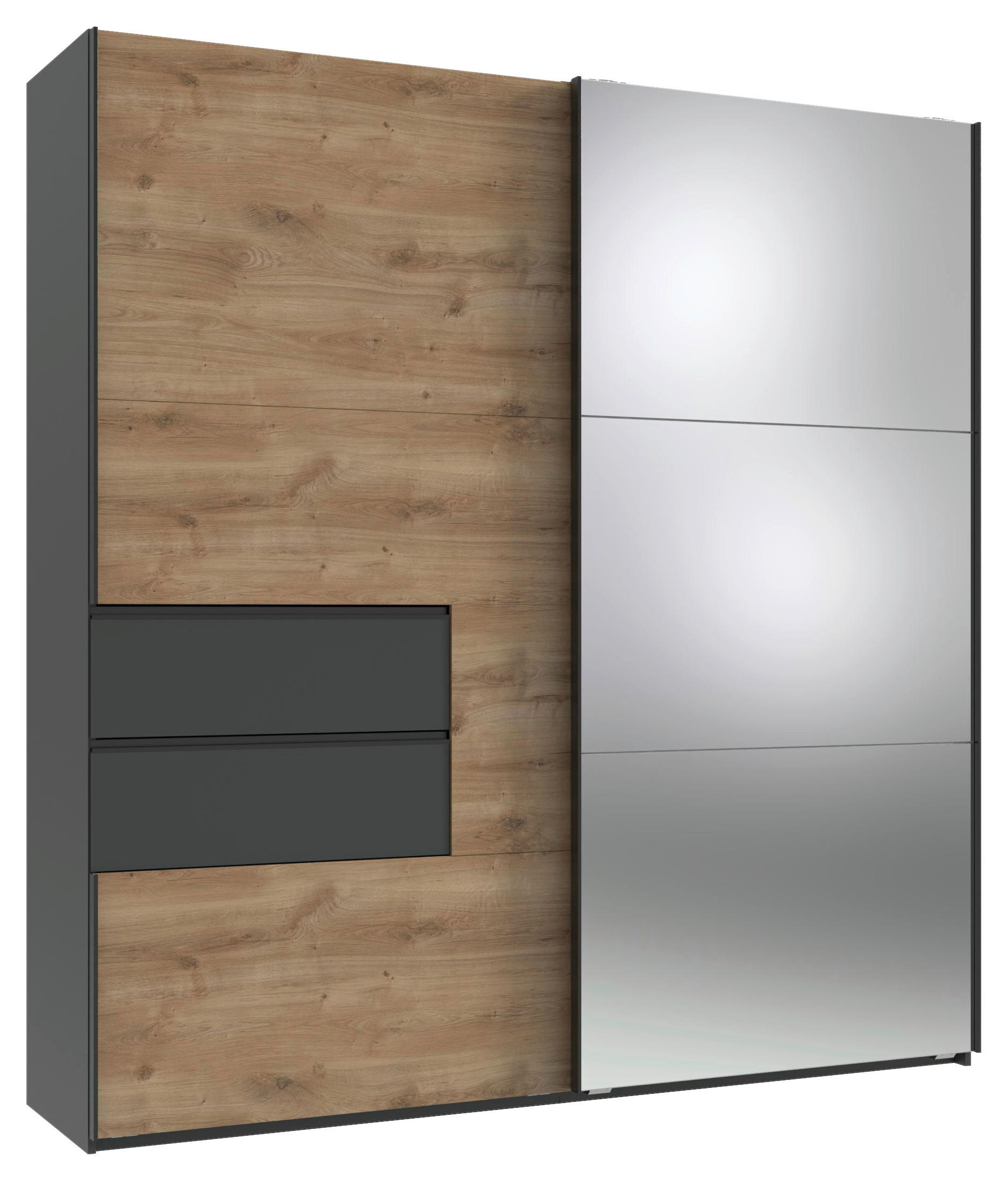 SCHWEBETÜRENSCHRANK 2-türig Graphitfarben, Eichefarben  - Eichefarben/Schwarz, Design, Glas/Holzwerkstoff (200/216/65cm) - Stylife